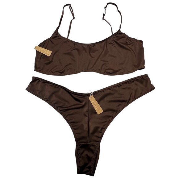 SKIMS Stretch Satin Scoop Neck Bralette + Cheeky Tanga Cocoa 4X